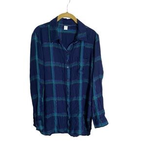 Old Navy Blue Plaid Metallic Thread Button Down Large